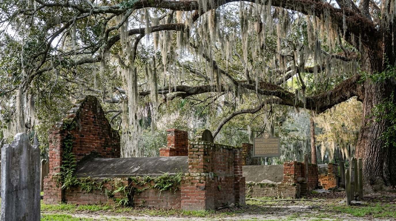 Old brick tombs at Colonial Park Cemetery in Savannah, shaded by a large oak dripping with moss.