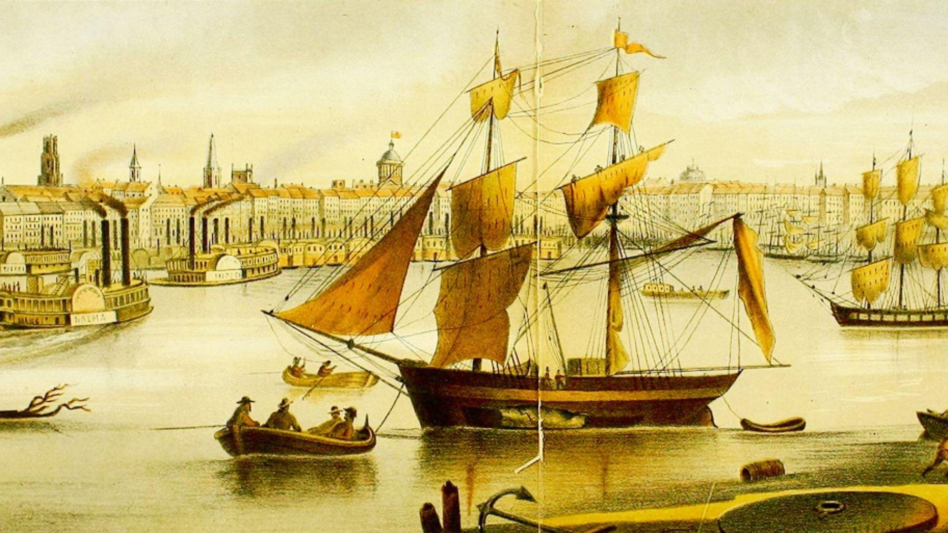 A painting depicting a bustling harbor scene with various ships and boats in New Orleans.