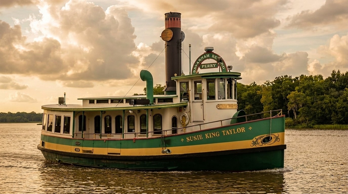 The Savannah Belles Ferry on the Savannah River, gold sky, clouds, and green trees behind.