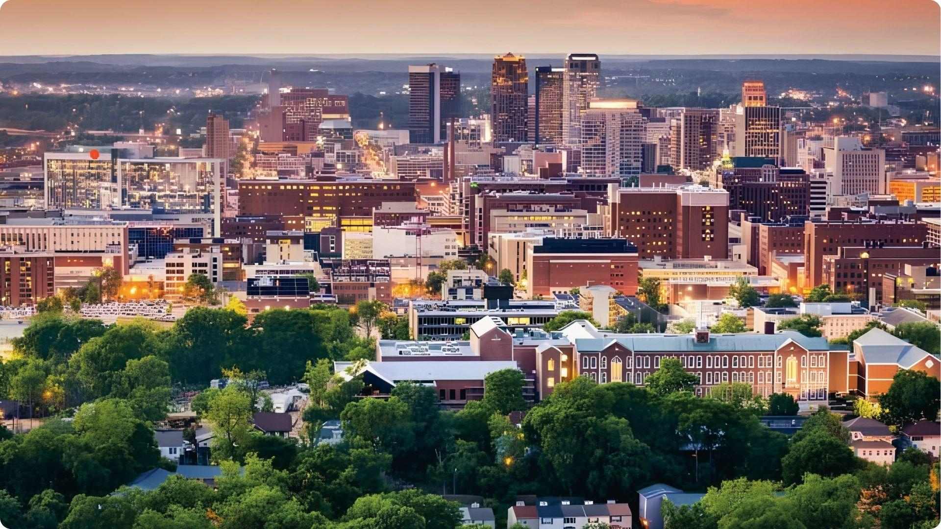 Birmingham Alabama skyline glowing at sunset with city lights, popular urban day trip from Atlanta.
