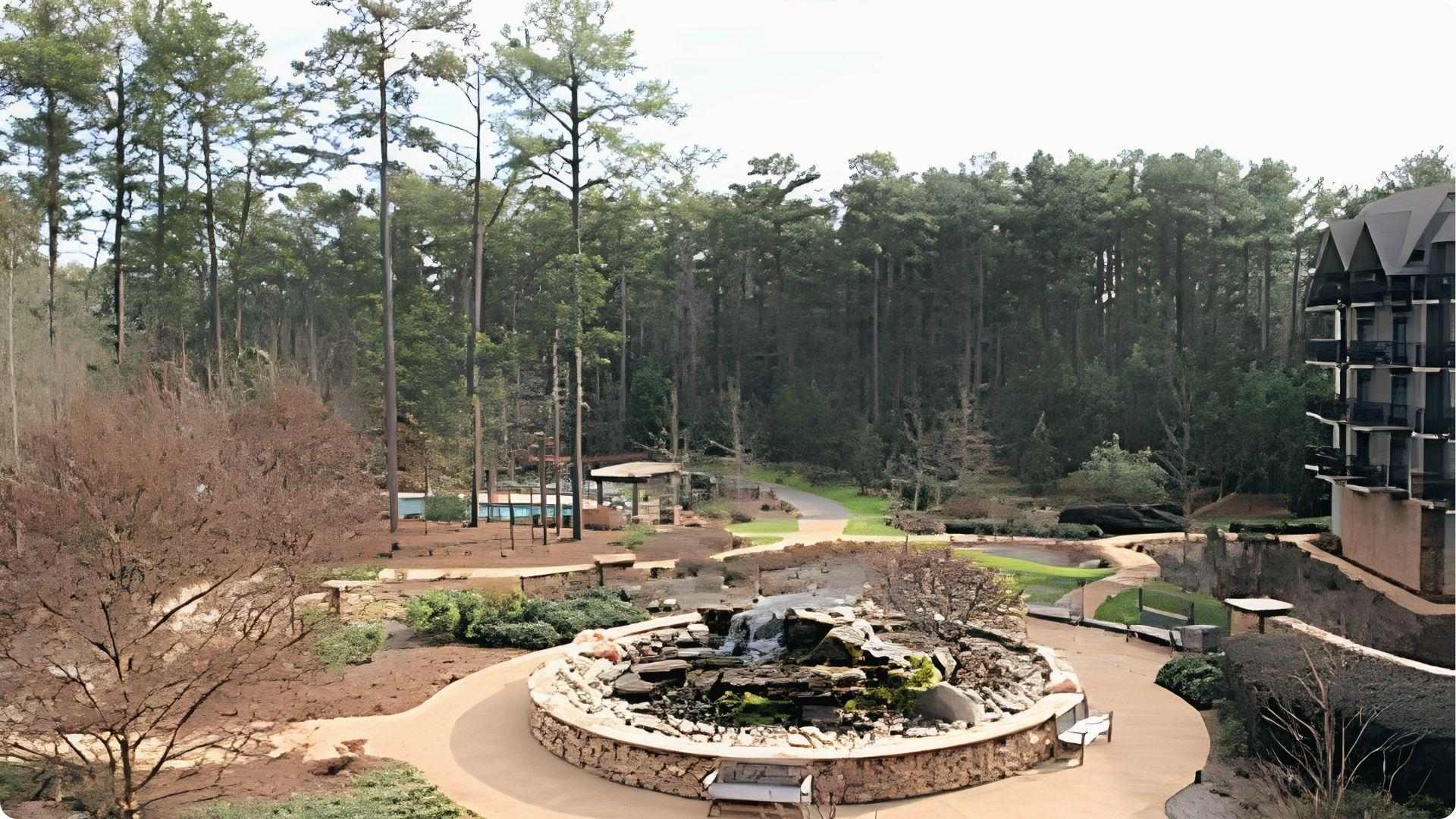 Callaway Gardens rock waterfall feature surrounded by tall pines, relaxing nature day trip from Atlanta.