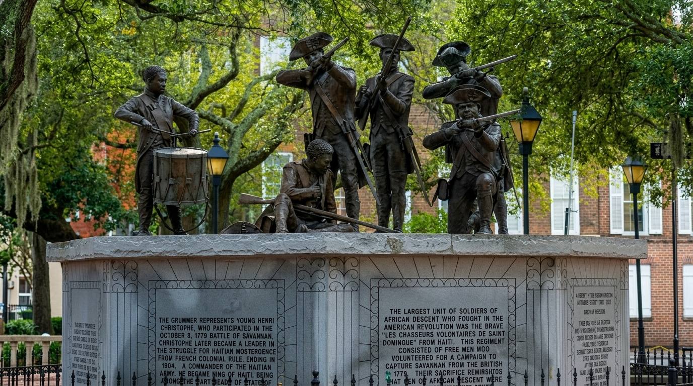Bronze soldier statues at Franklin Square in Savannah honoring Haitian volunteers, set among oak trees.