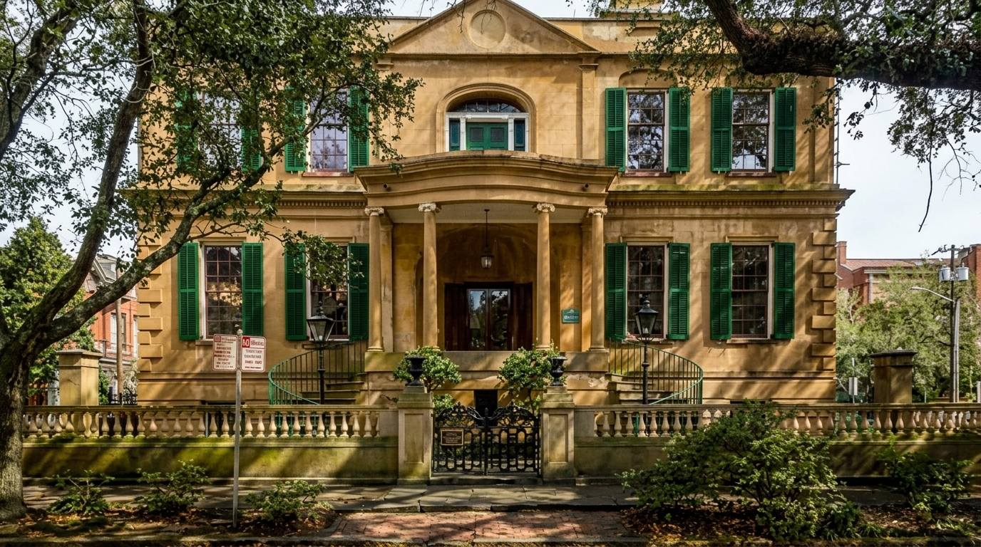 Owens Thomas House in Savannah with green shutters, columned porch, and iron fence under oak trees.