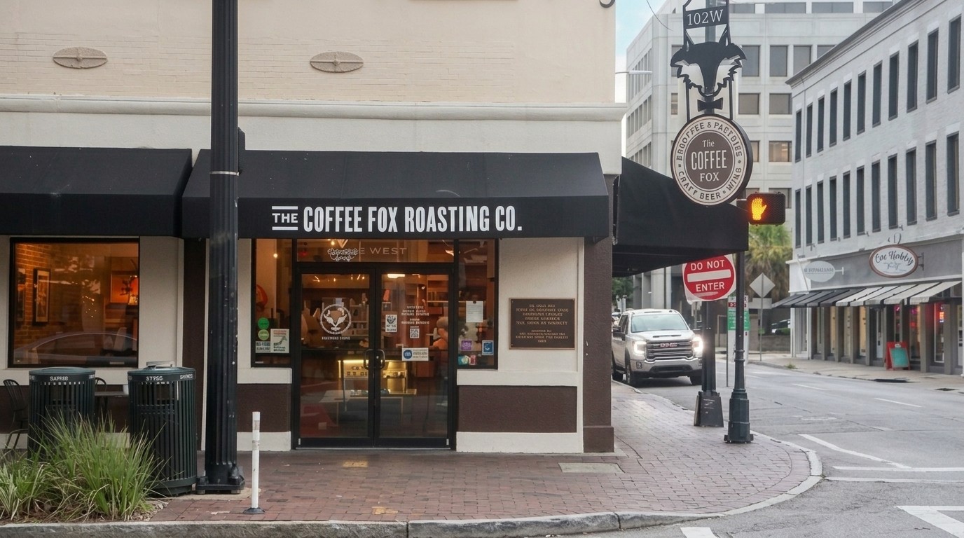Coffee Fox Roasting Co storefront on a city corner with black awning and street signs.