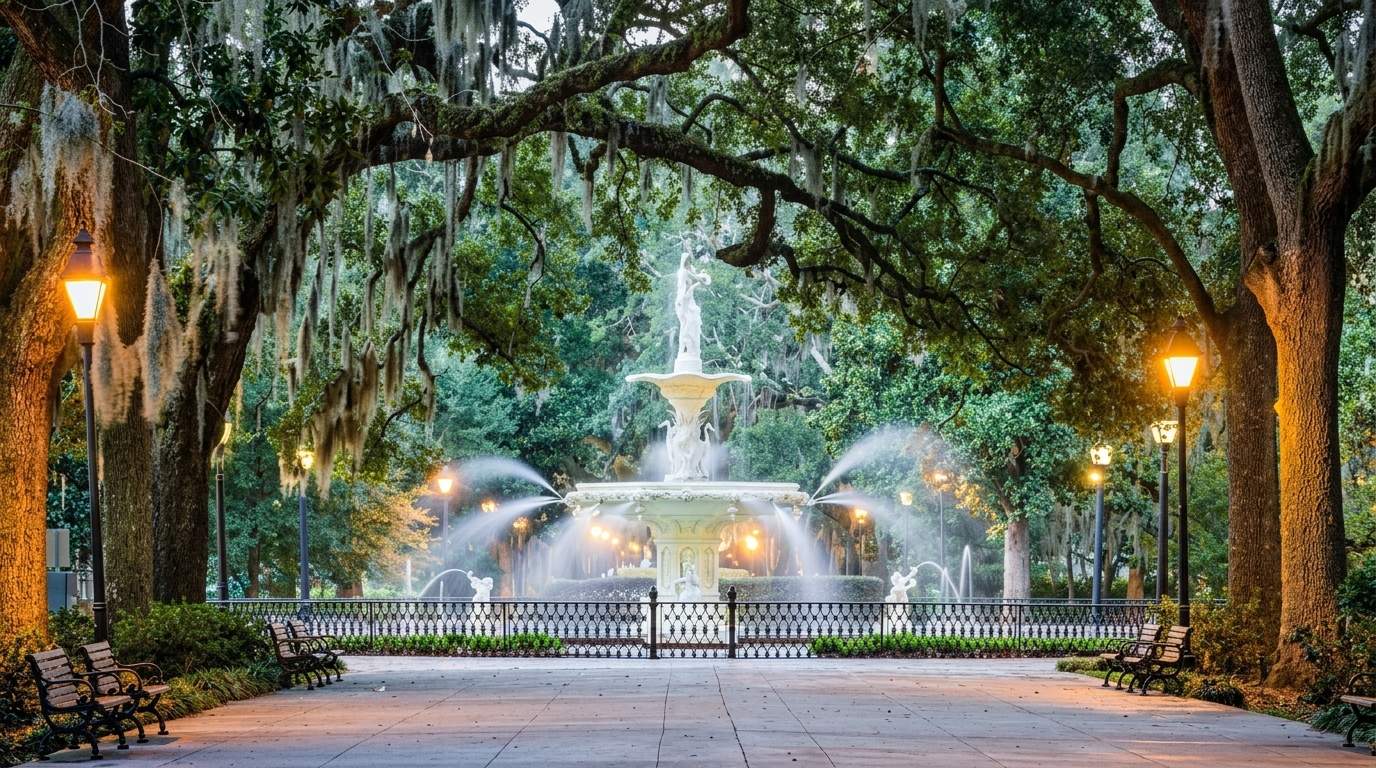 Forsyth Park fountain lit at dusk, framed by mossy oak trees and glowing lamp posts.