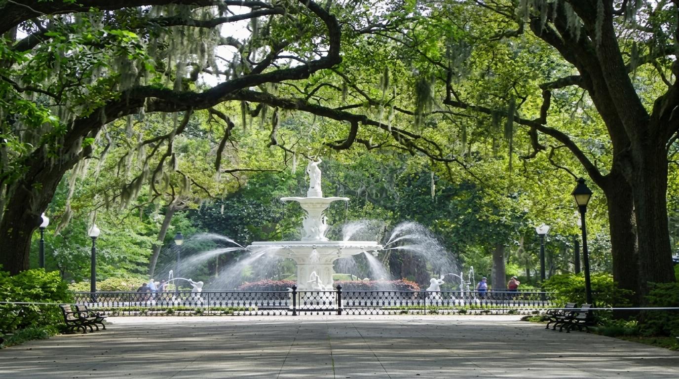 Forsyth Park fountain in Savannah, framed by oak trees with moss and a shaded walkway.