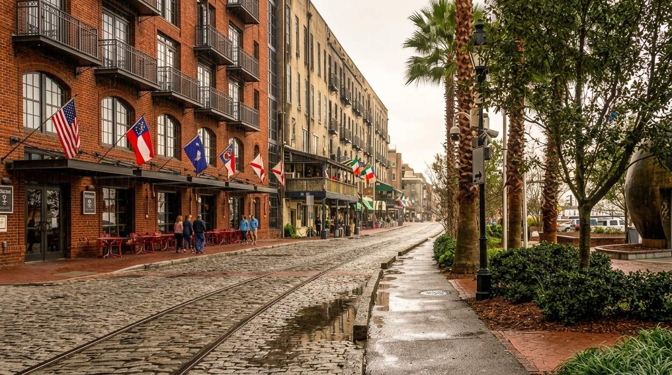 River Street in Savannah's Historic District, cobblestones, waving flags, and rain wetting the sidewalk.
