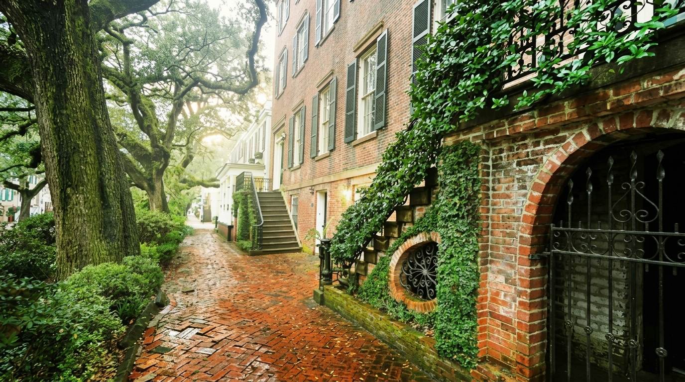 Brick sidewalk lined with old Savannah row houses, ivy walls, iron gates, and oak trees overhead.