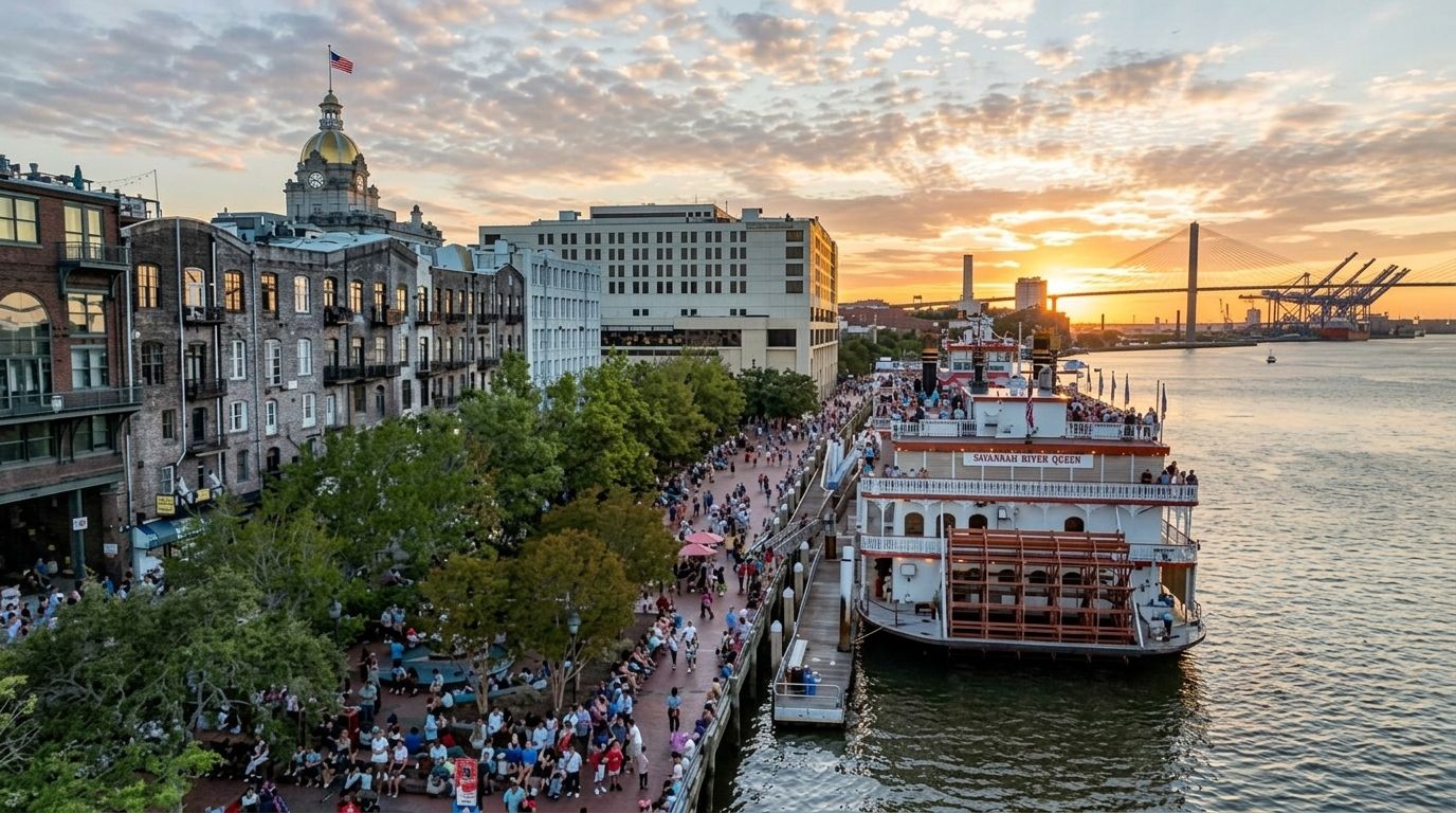 Sunset over Savannah River Street, crowds along the riverfront, and a paddleboat docked nearby.