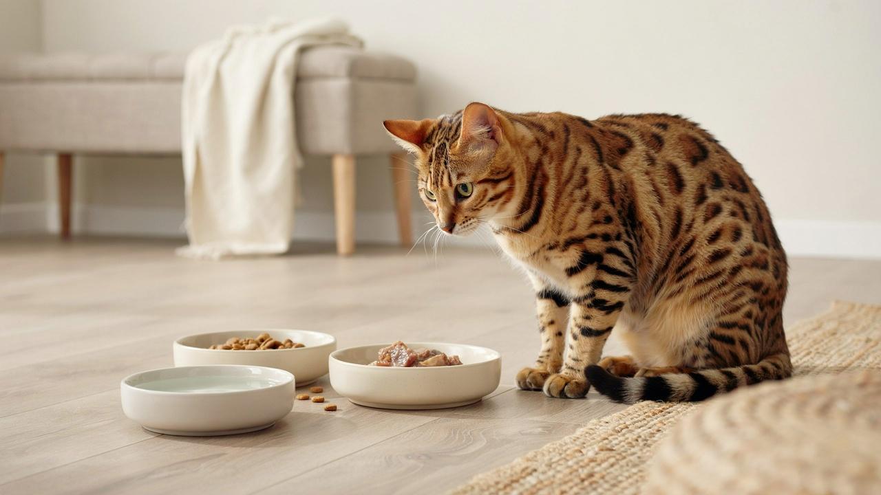 Savannah cat beside separate bowls of old and new food during a gradual diet transition.