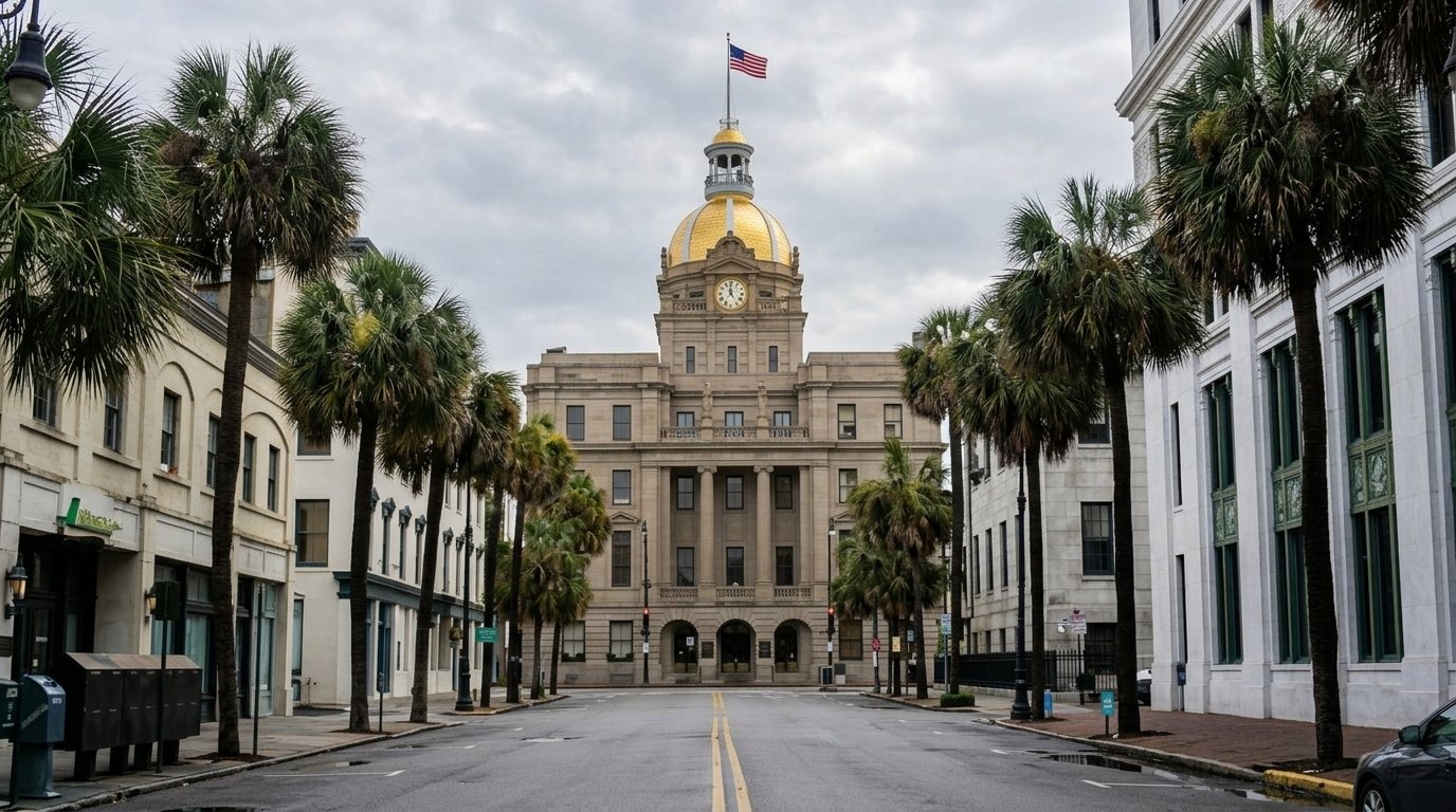 Savannah City Hall with gold dome, seen from Johnson Square between rows of tall palm trees.
