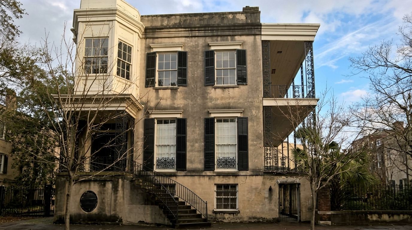 432 Abercorn Street mansion in Savannah with dark shutters, iron balcony, and bare winter trees.