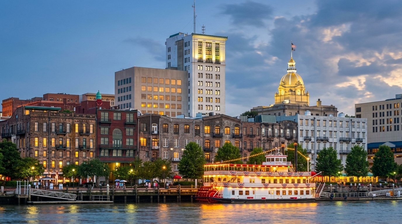 Savannah skyline at dusk with lit city hall dome and a decorated riverboat on the water.