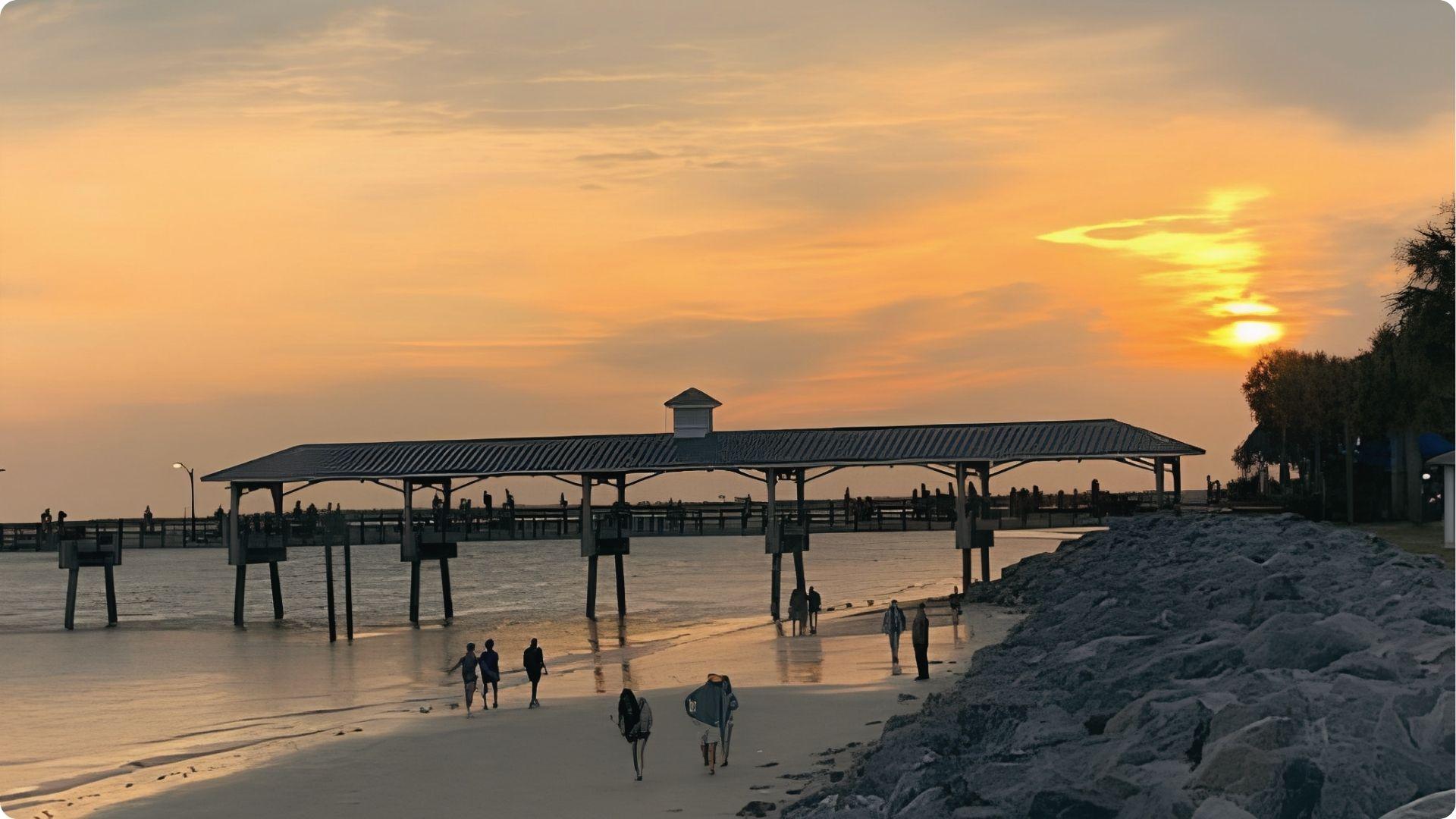 Sunset over East Beach St Simons pier with silhouetted visitors walking shoreline at golden hour.