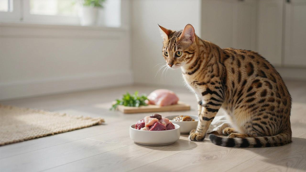 Savannah cat beside a bowl of nutritious food in a clean feeding area.