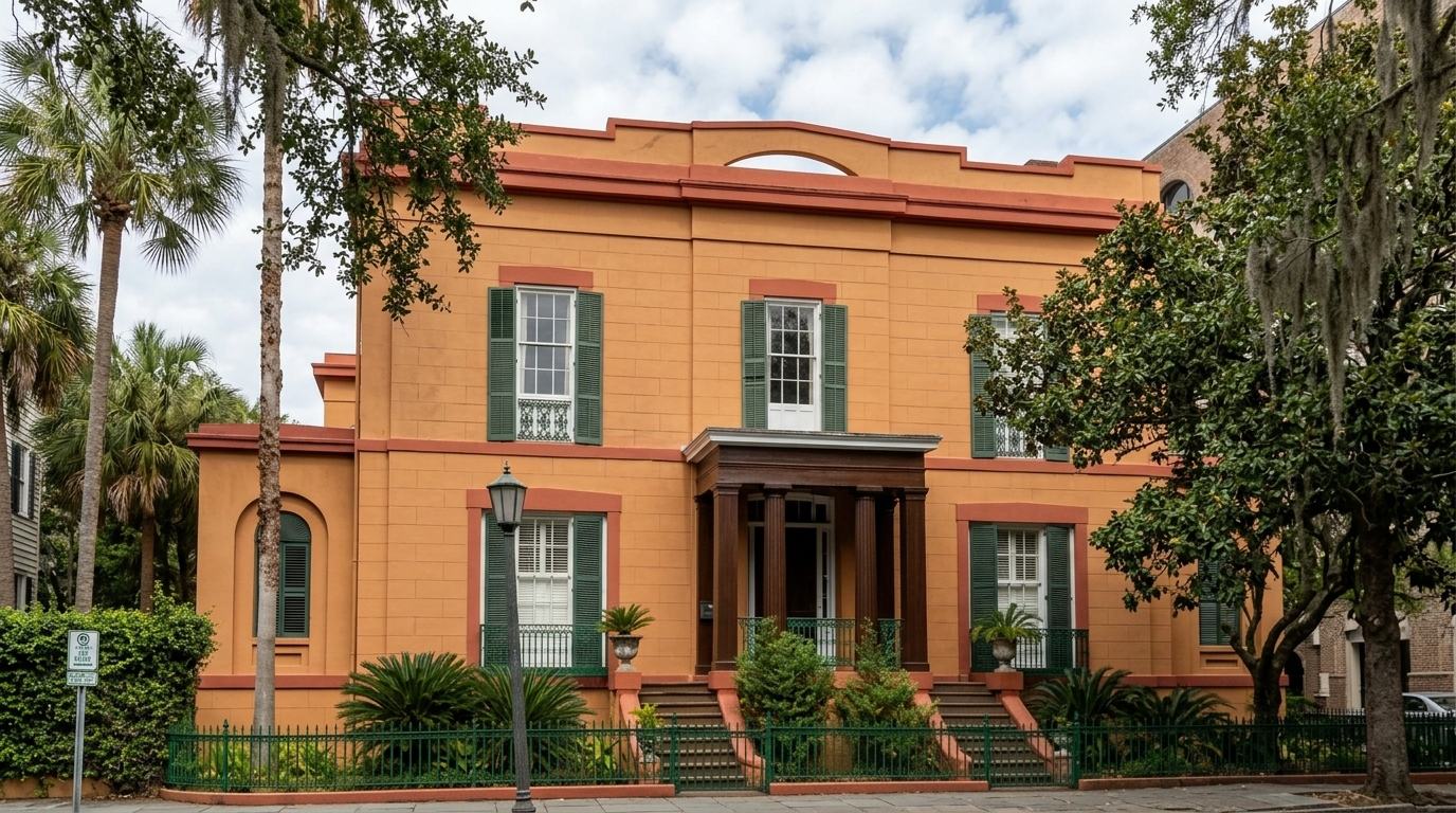 Sorrel Weed House in Savannah, orange facade with green shutters and palm trees along the street.