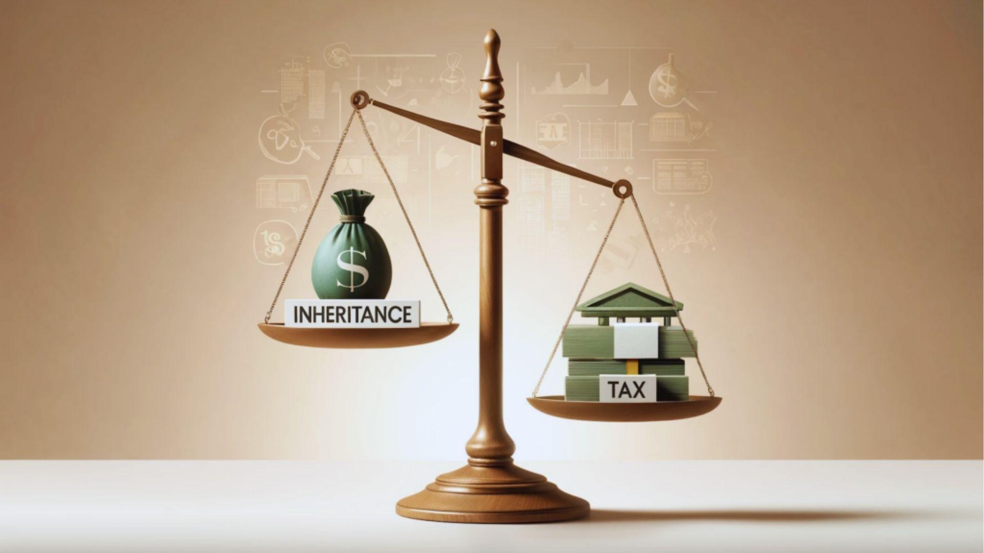 Balance scale weighing inheritance money bag against tax cash stacks with financial icons in background.