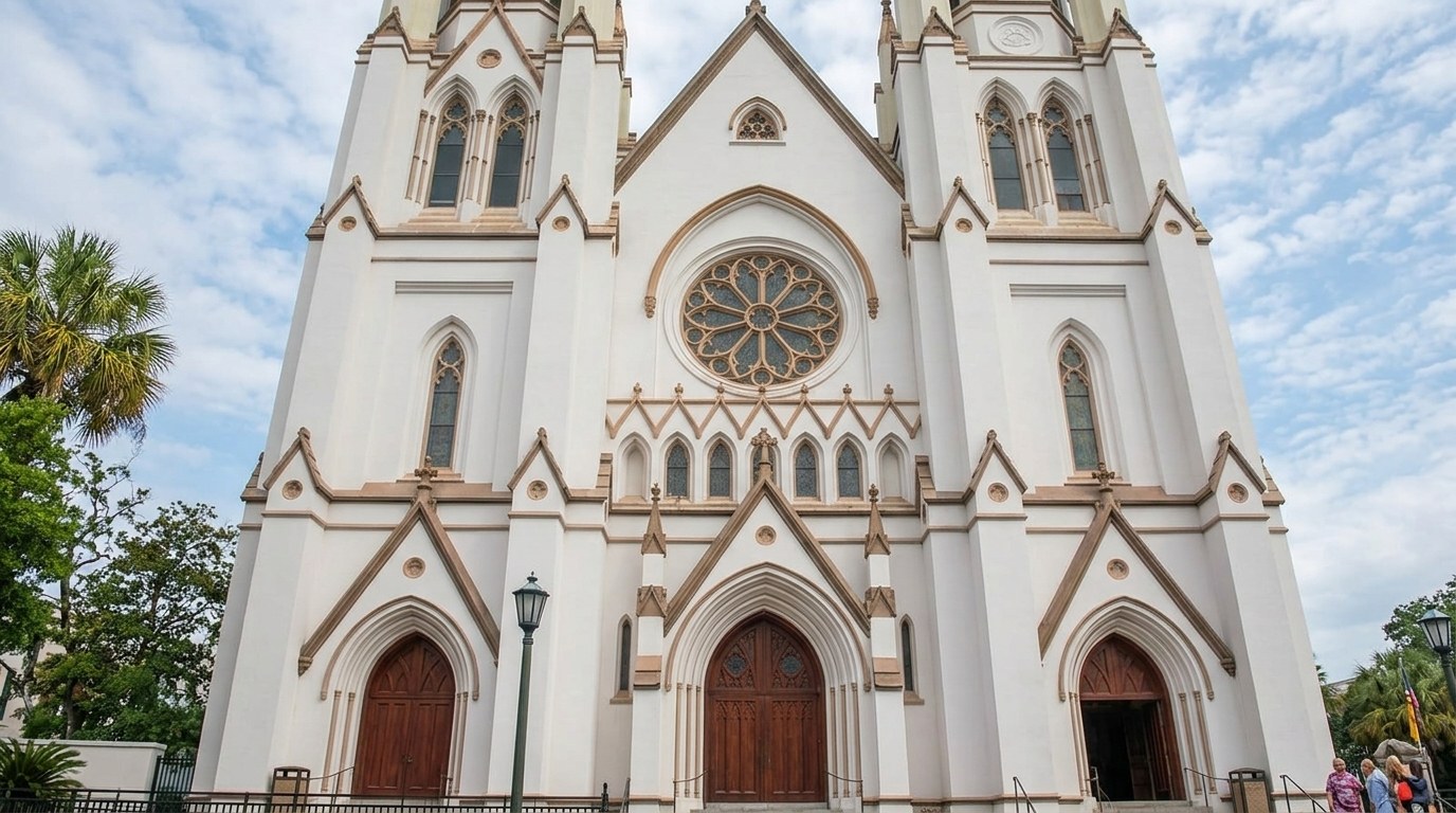 Cathedral Basilica of St John the Baptist in Savannah, twin spires, arched doors.