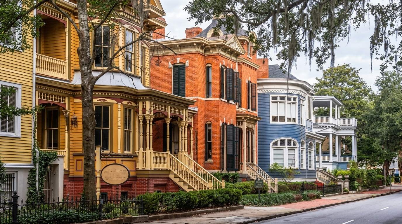 Row of colorful Victorian homes in Savannah's historic district with porches and iron fences.