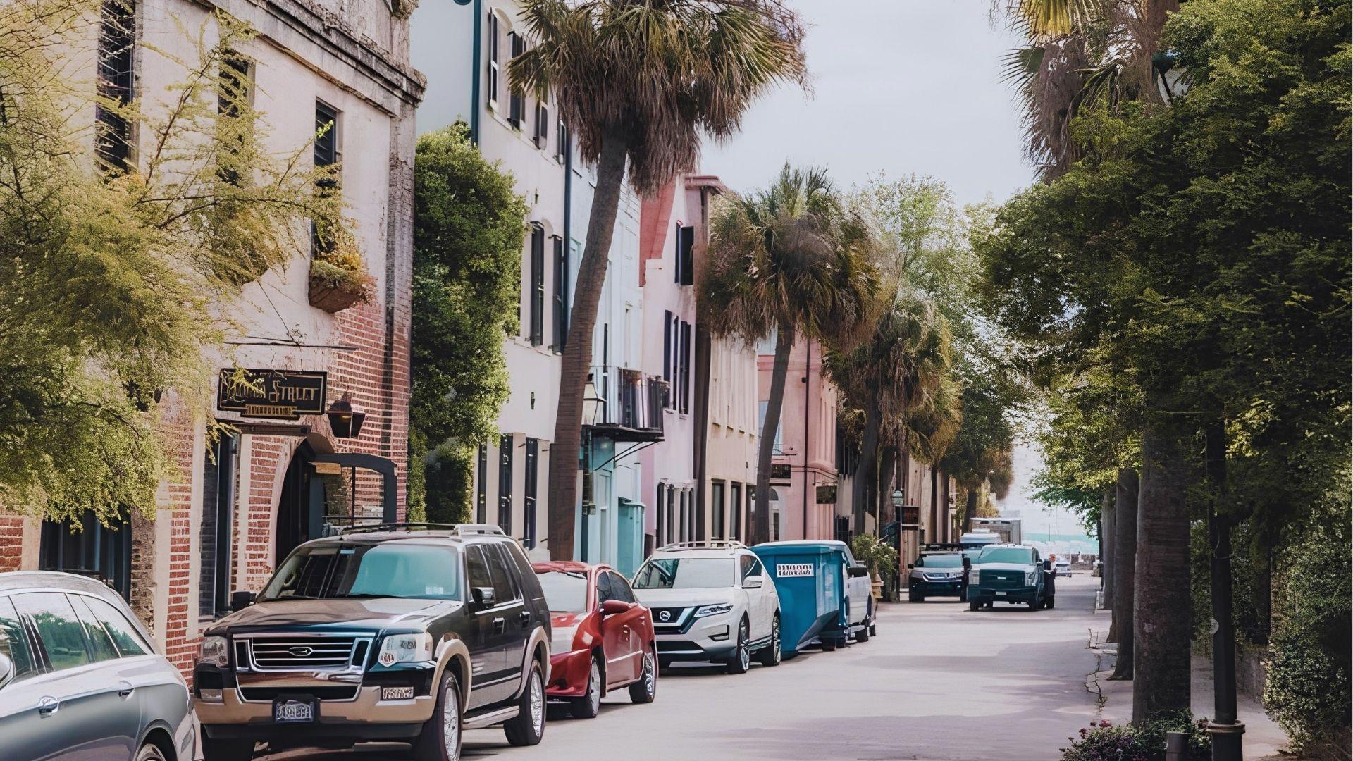 Charming historic Charleston street lined with pastel buildings, palm trees and parked cars in the afternoon.
