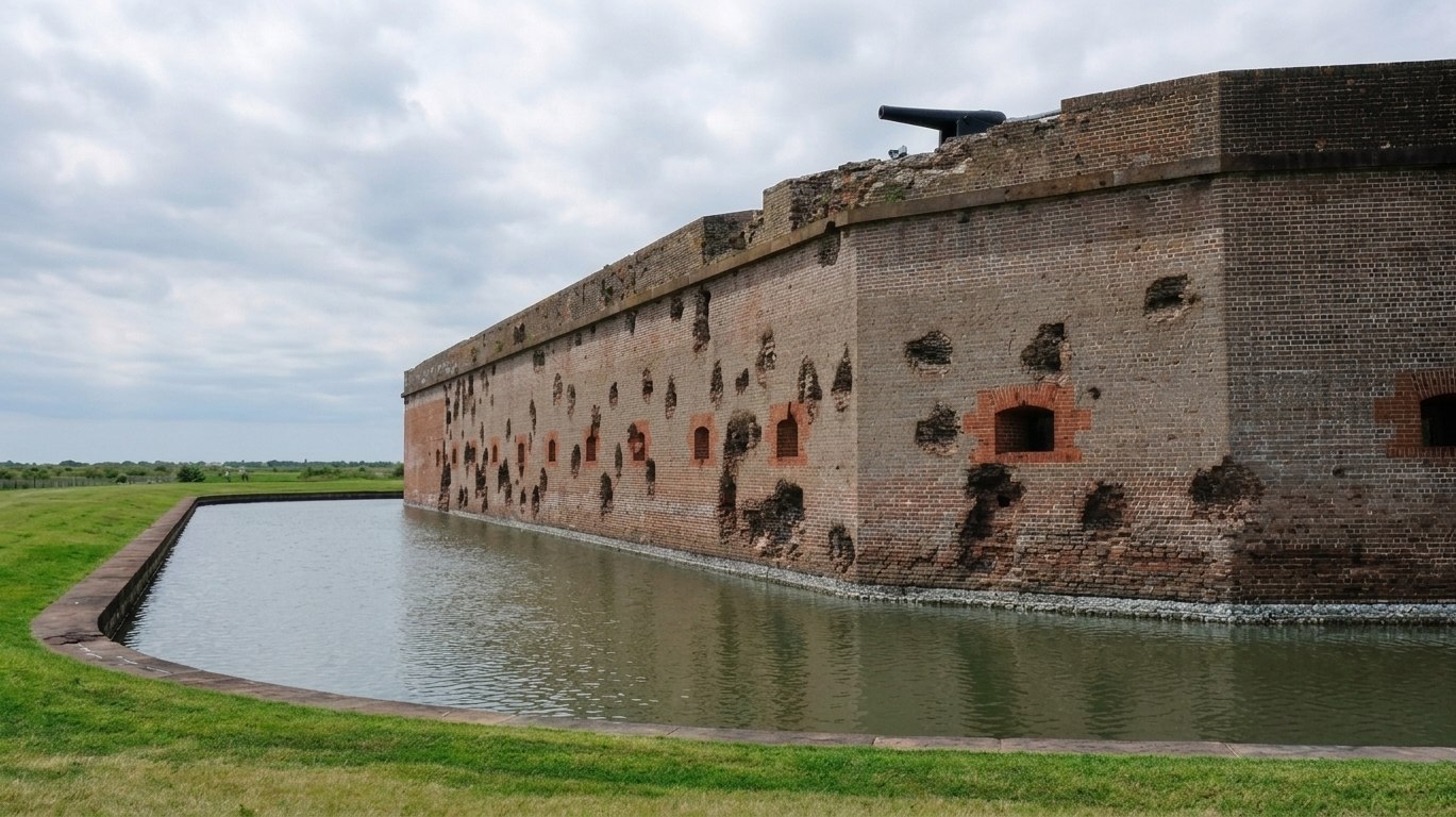 Brick fort wall with cannon and moat at Fort Pulaski National Monument under cloudy sky.