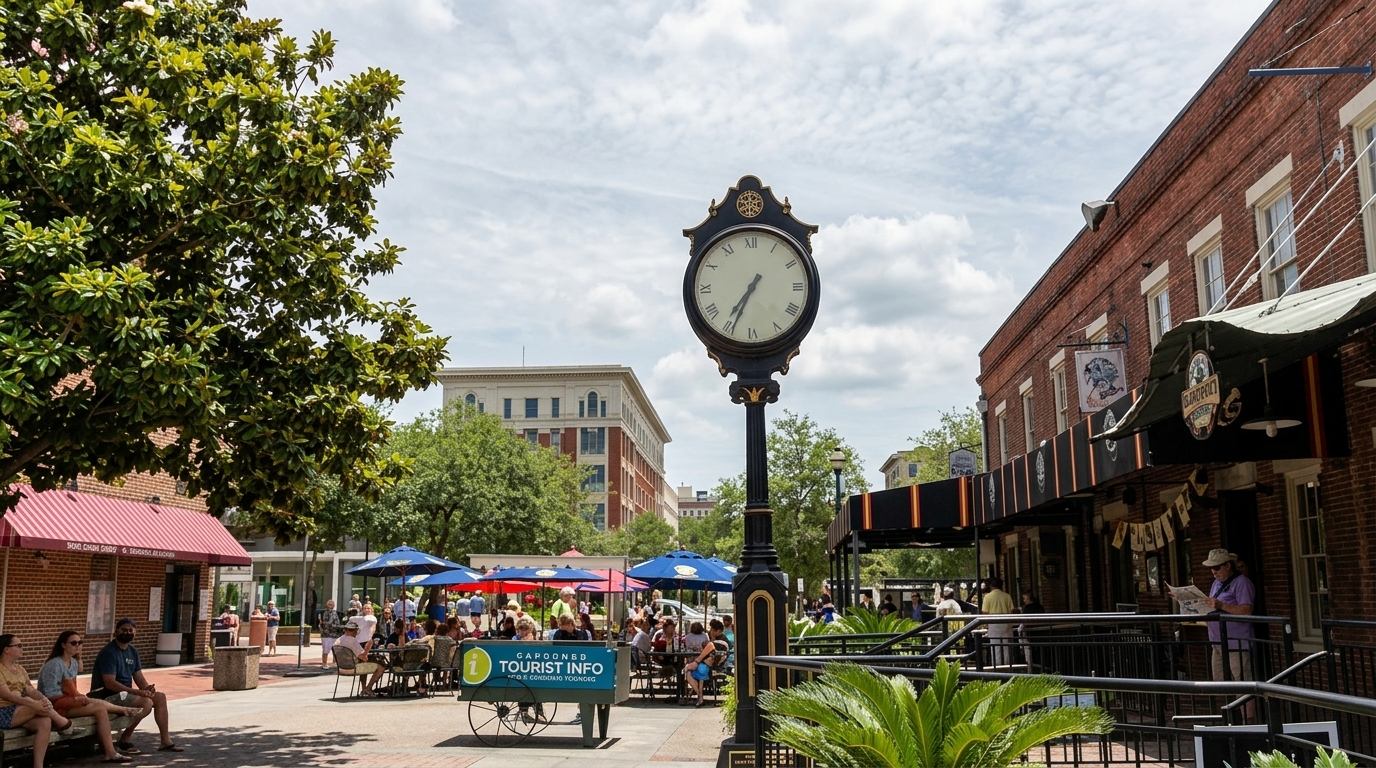 Large street clock at City Market in Savannah, outdoor cafes and shops nearby on a sunny day.
