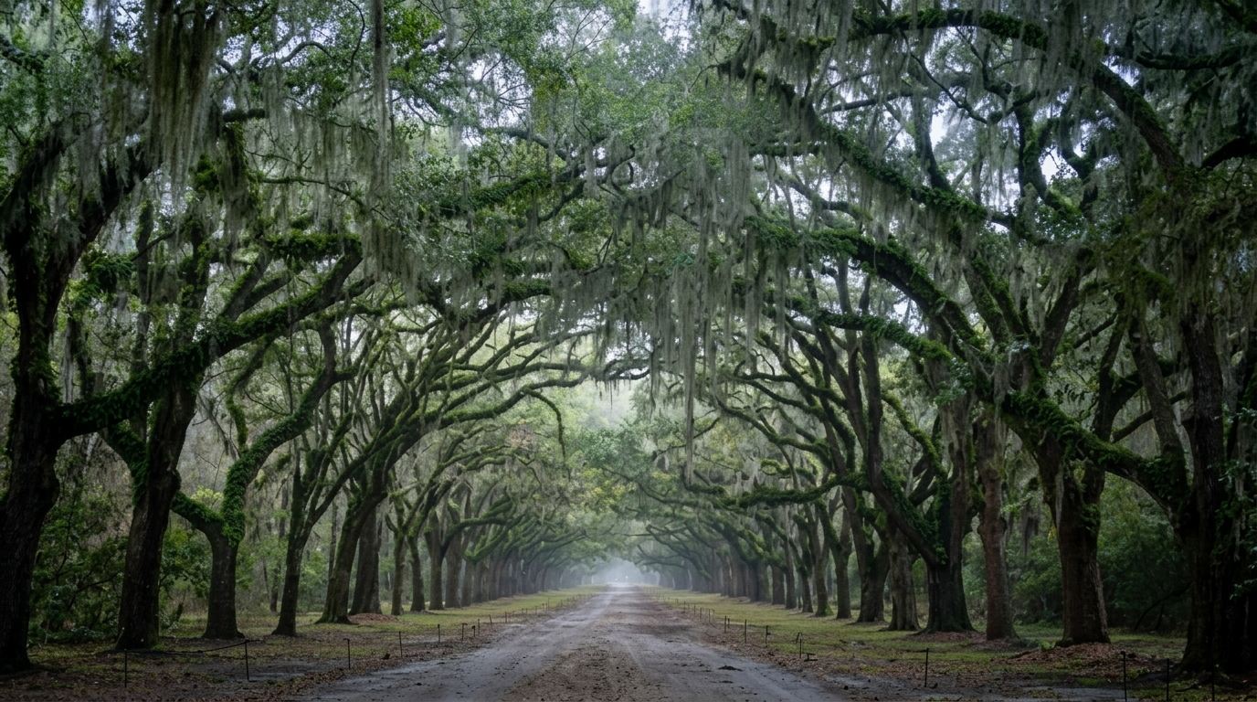 Wormsloe oak tree tunnel with hanging moss forming a canopy over a road.