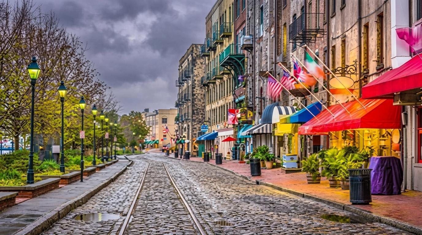 River Street in Savannah with cobblestones, colorful shops, flags, and lit lamp posts under clouds.