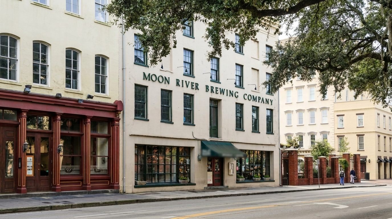 Moon River Brewing Company building in Savannah, cream facade with green windows and awning.