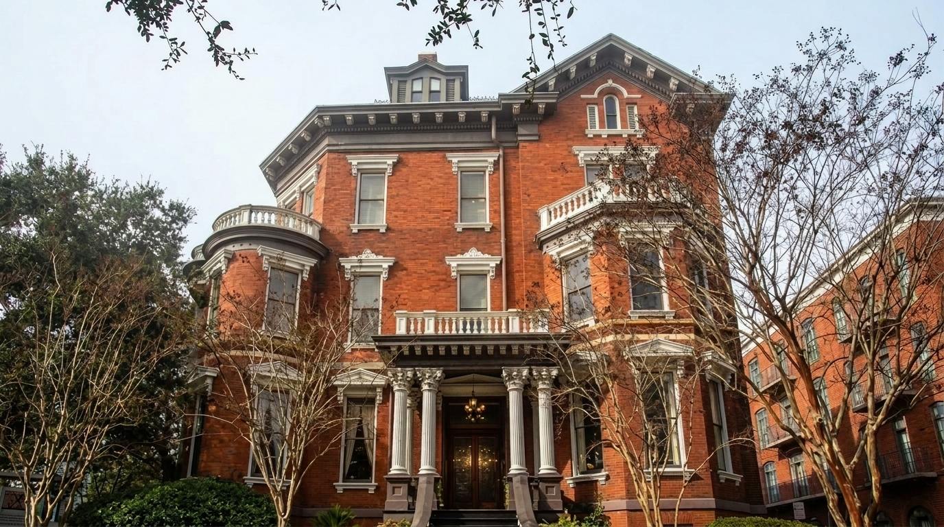 Kehoe House in Savannah, ornate red brick mansion with white columns and rounded corner turrets.