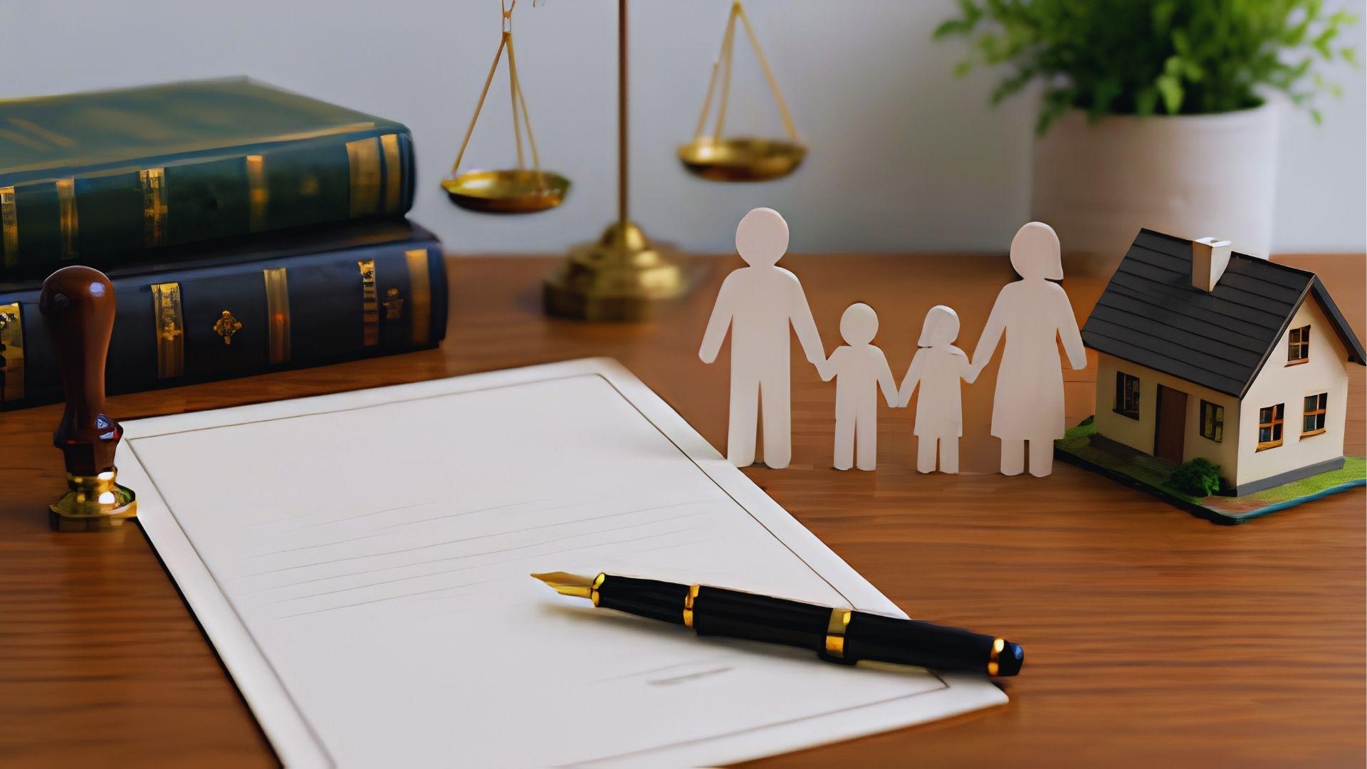 Desk with blank document pen paper family figures house model scales and law books nearby.