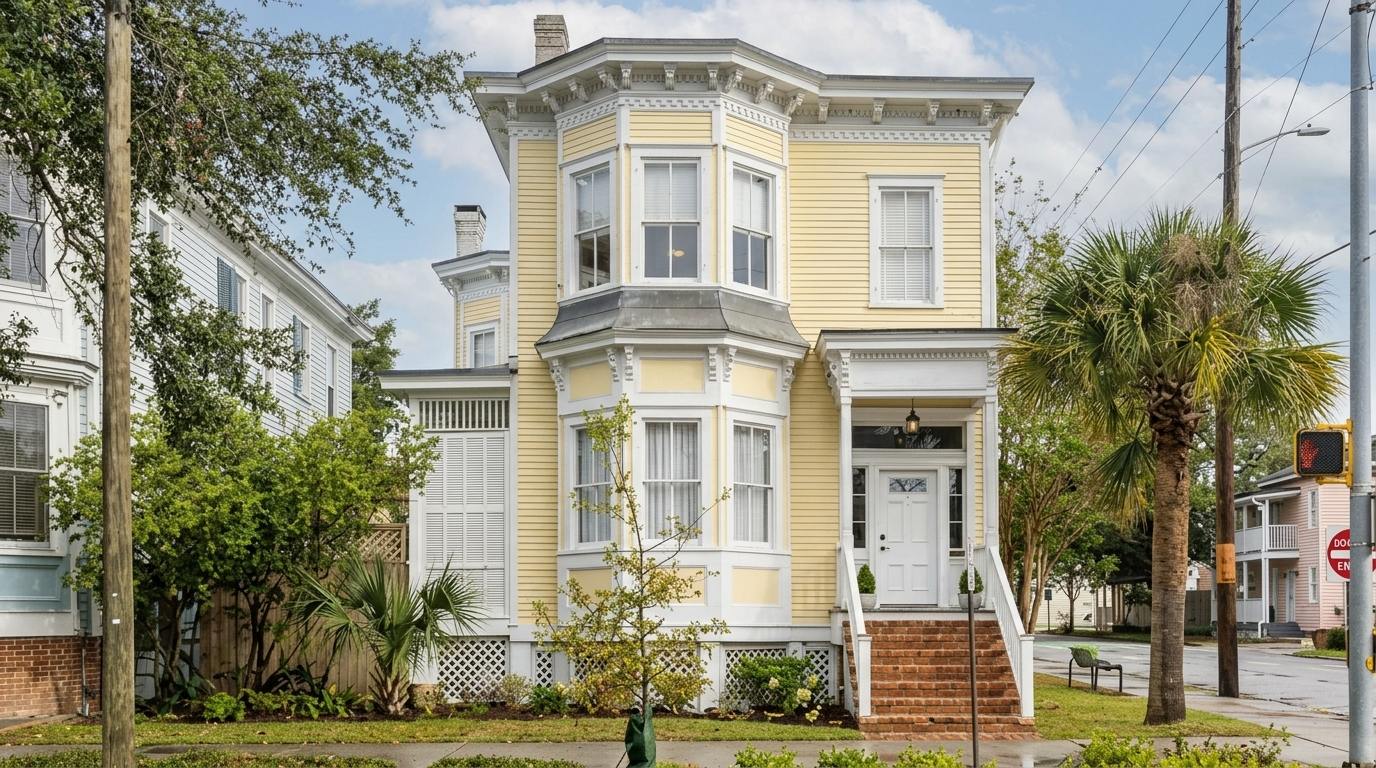 Yellow Victorian house with white trim and bay windows on Gwinnett Street.