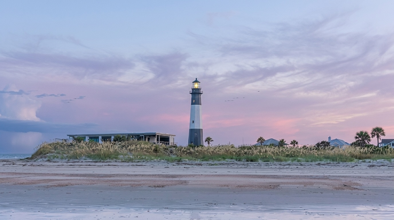 Tybee Island lighthouse glowing at sunset above sandy dunes and beach with pink clouds.