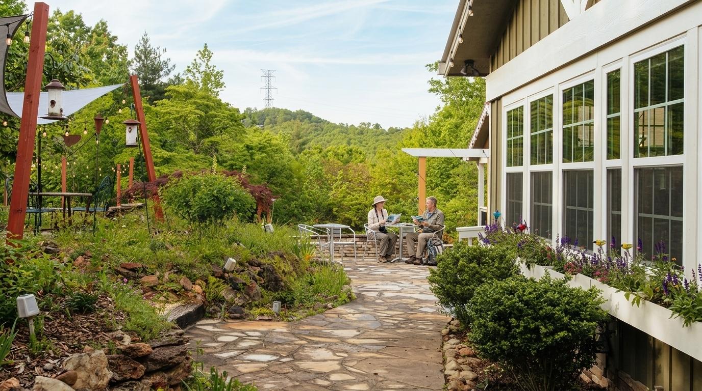 Couple reading on garden patio at mountain lodge, one of the best Romantic Getaways in Georgia