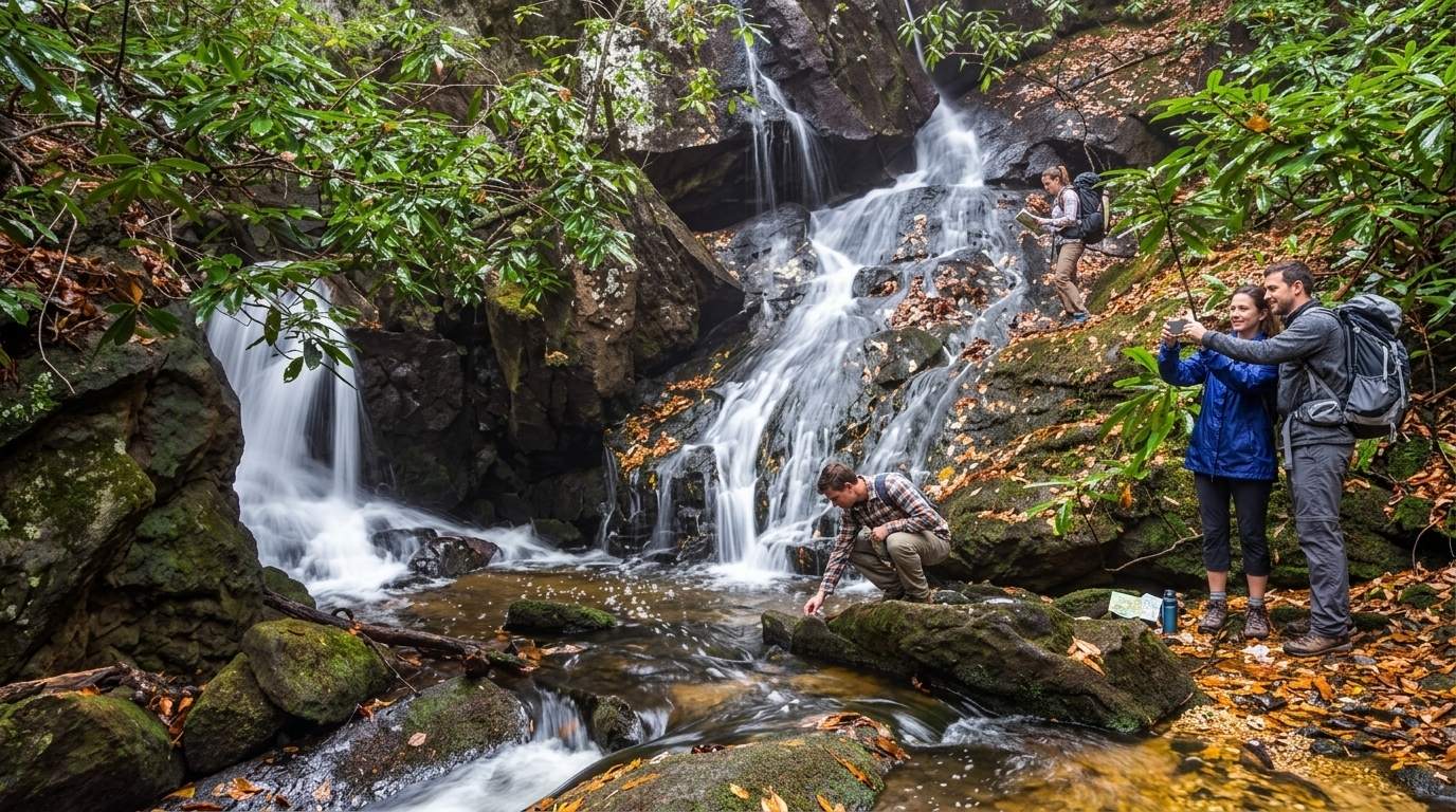 Couple takes selfie near small cascading Georgia waterfall as hikers explore rocky creek with autumn leaves