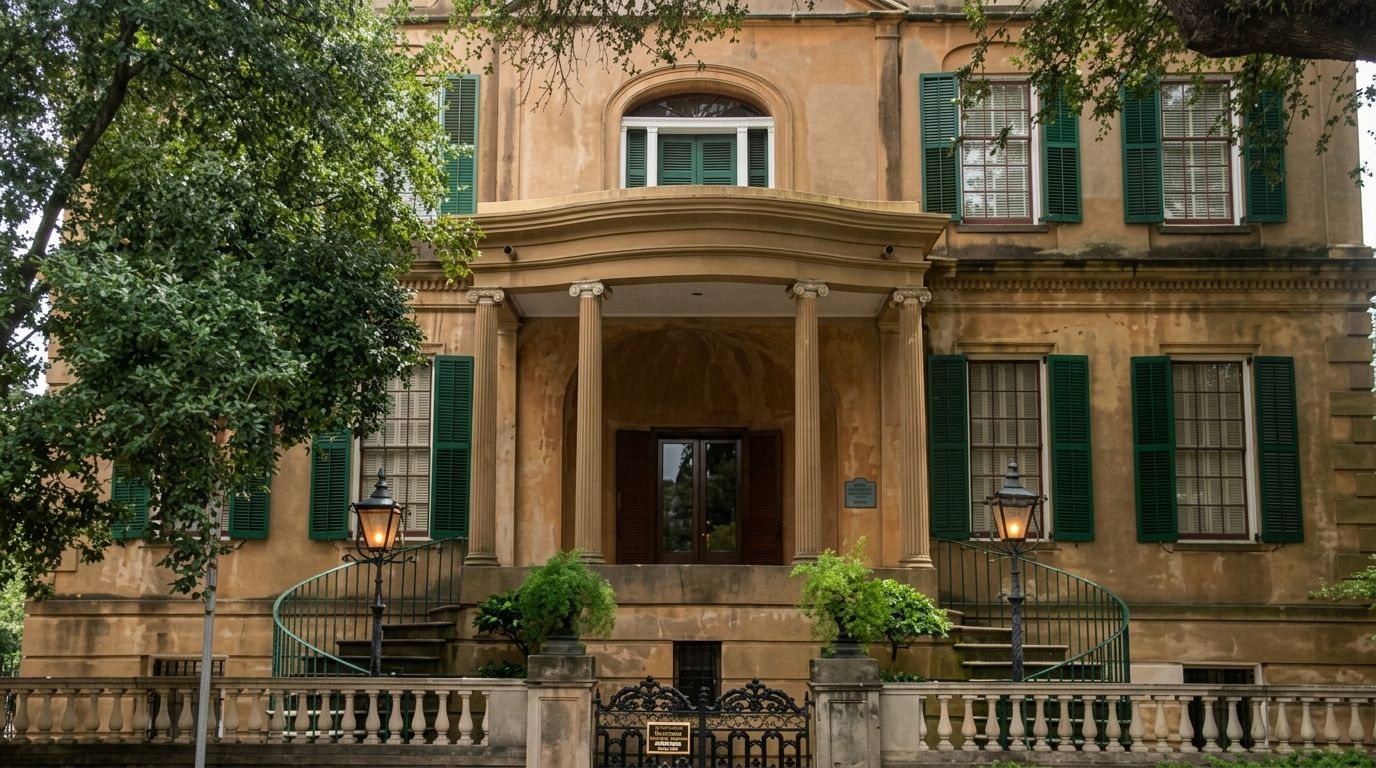 Owens Thomas House & Slave Quarters entrance with columned porch, green shutters, and iron gates.