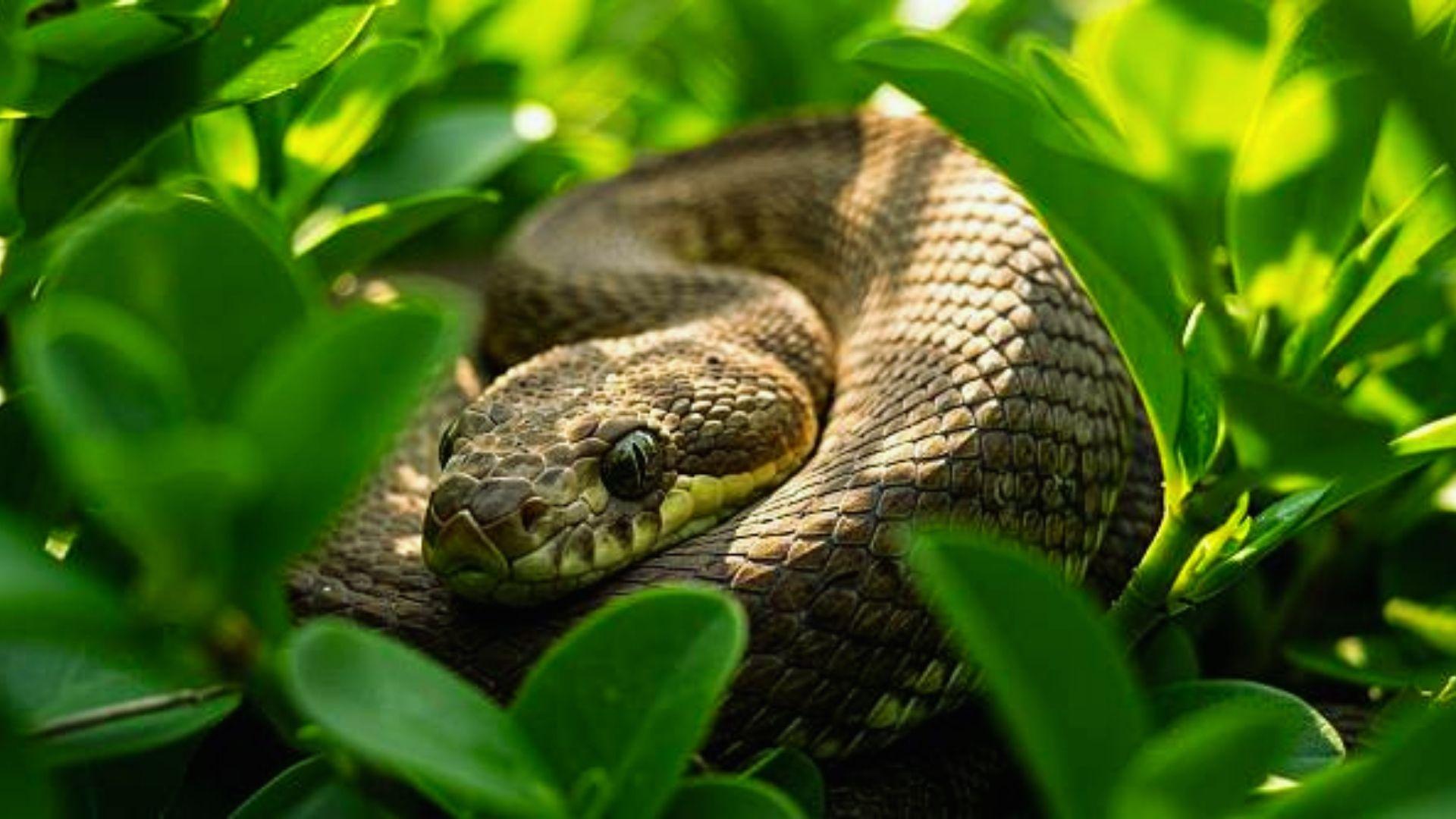 Brown patterned snake with textured scales coiled among bright green leaves, head resting alertly