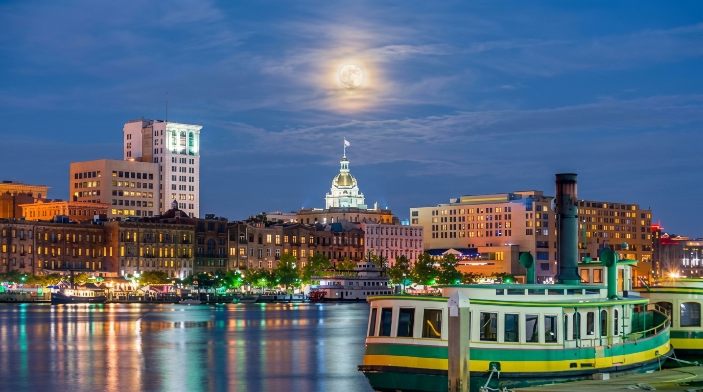 Full moon over Savannah skyline at night, city hall dome lit, Belles Ferry boat docked in front.