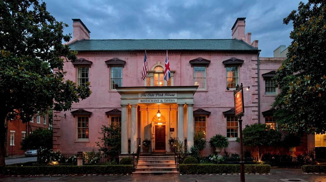 The Olde Pink House restaurant in Savannah, glowing at dusk with white columns and cloudy sky.