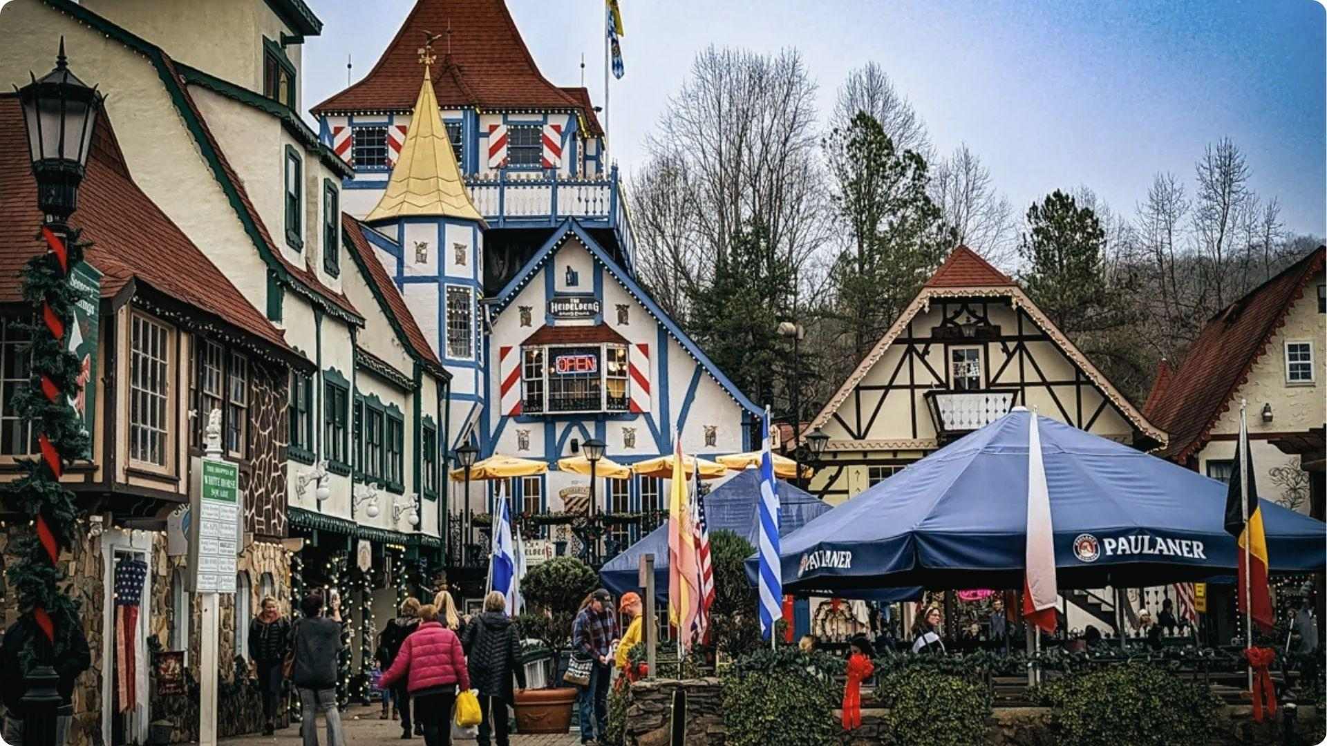 Helen Bavarian village with timber houses and beer garden tents, fun themed day trip from Atlanta.