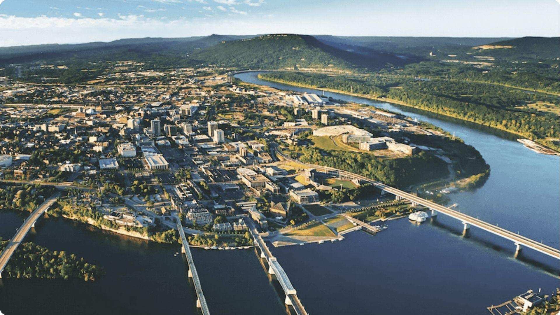Aerial view of Chattanooga on Tennessee River with bridges, scenic city day trip from Atlanta.