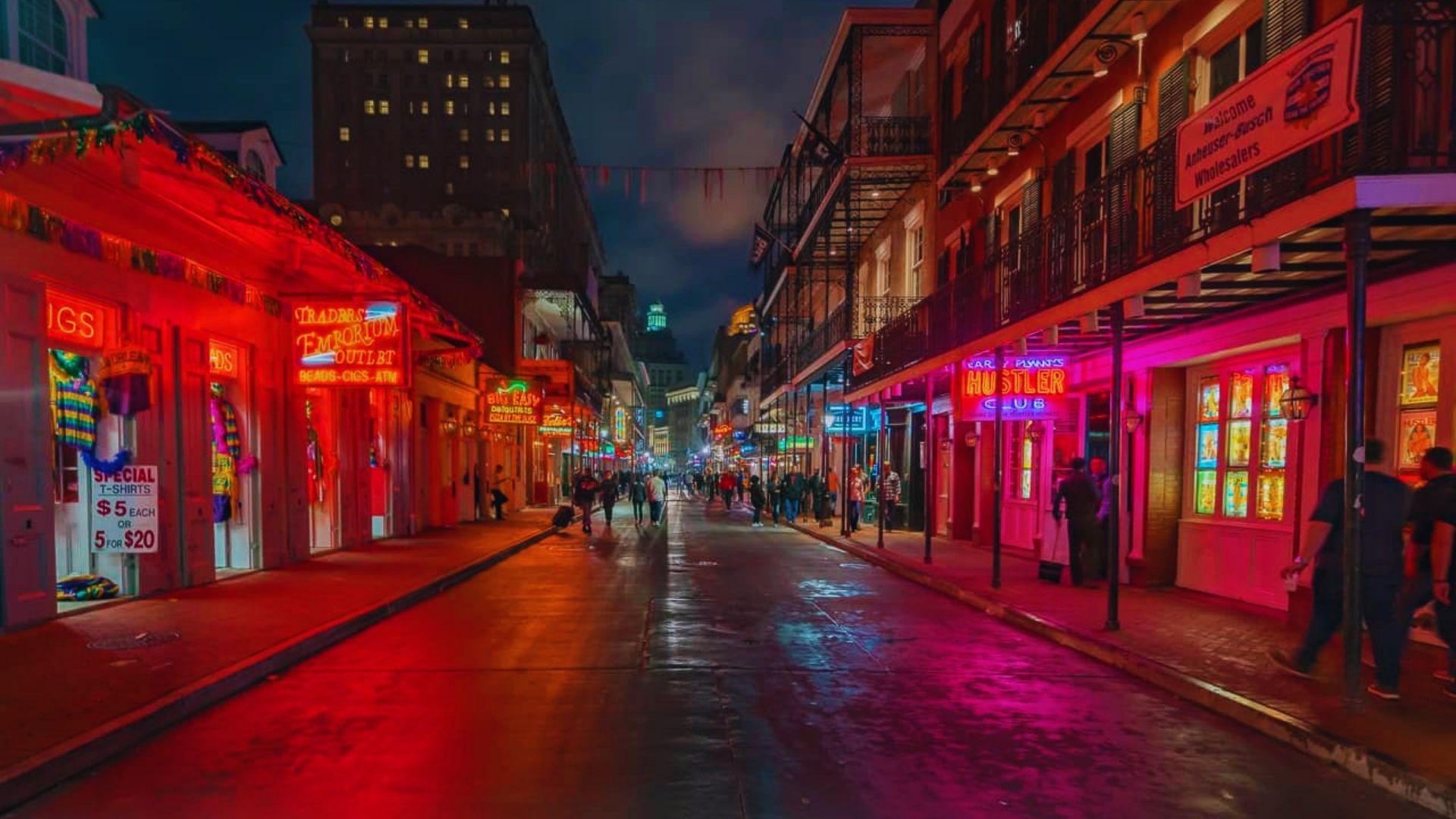 image showing streets of New Orleans at night.