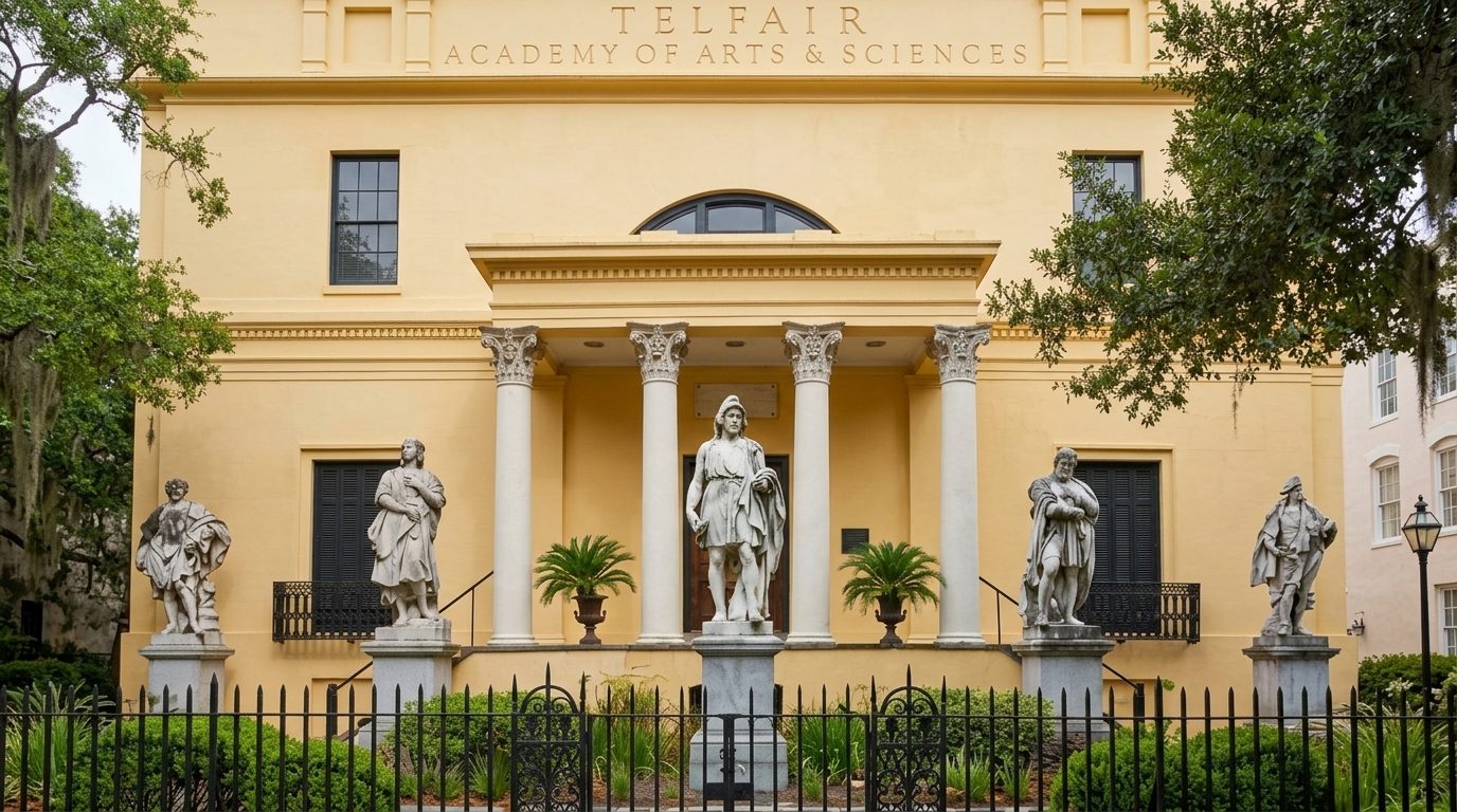 Telfair Academy building in Savannah with white columns, statues out front, and iron fence.
