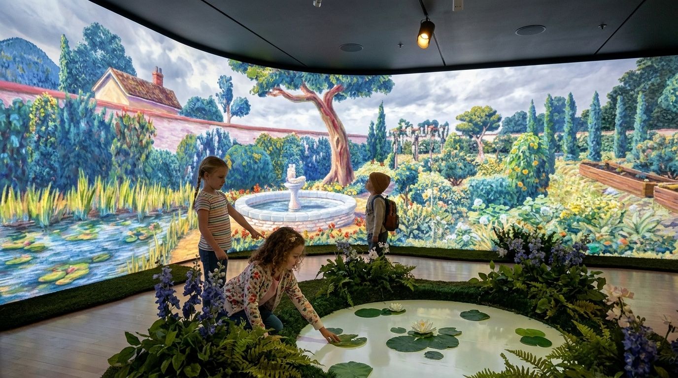 Children exploring an immersive garden mural exhibit with painted flowers and a lily pond scene at the Telfair Children's Art Museum.