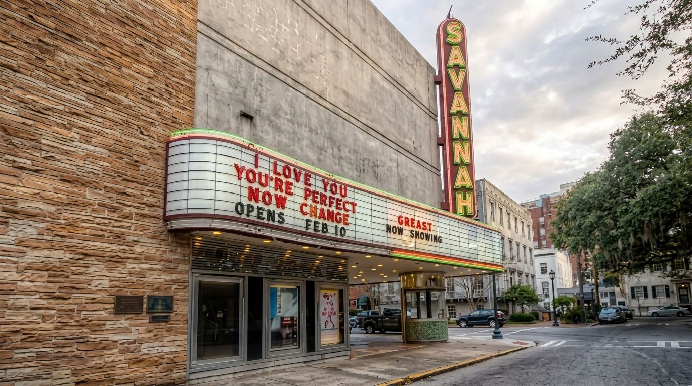 Savannah Theatre marquee with red neon sign and stone facade on a quiet street corner.
