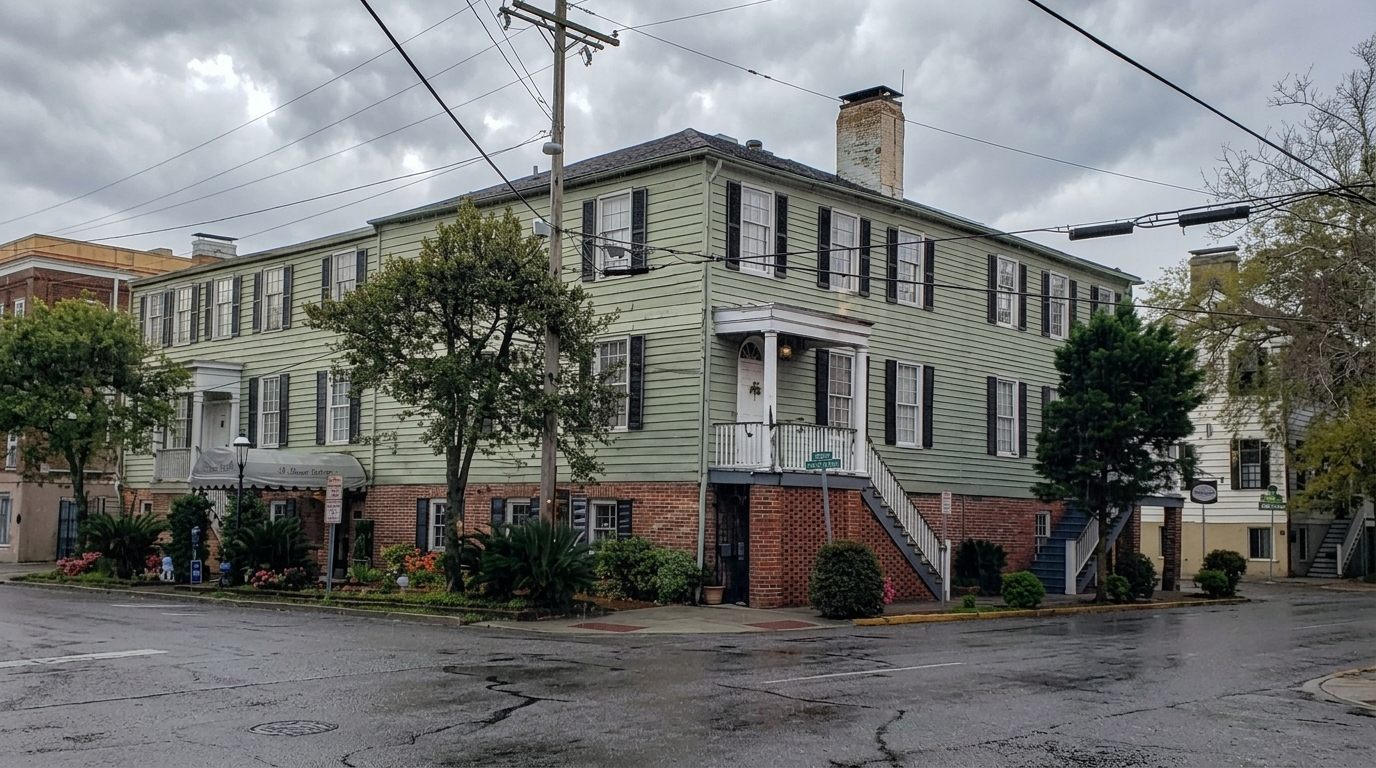 17Hundred90 Inn in Savannah, green wood building on a corner street under a cloudy rainy sky.