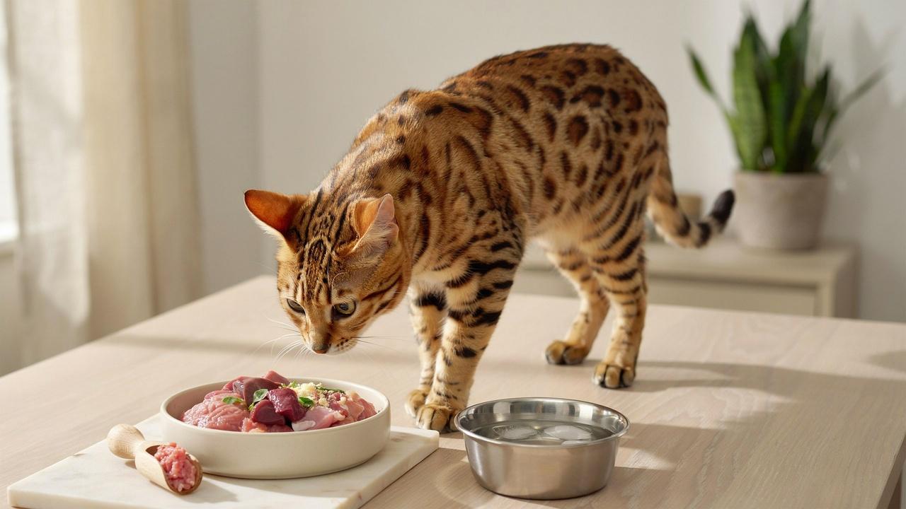 Savannah cat beside a balanced raw meal with meat, organ meat, and fresh water.