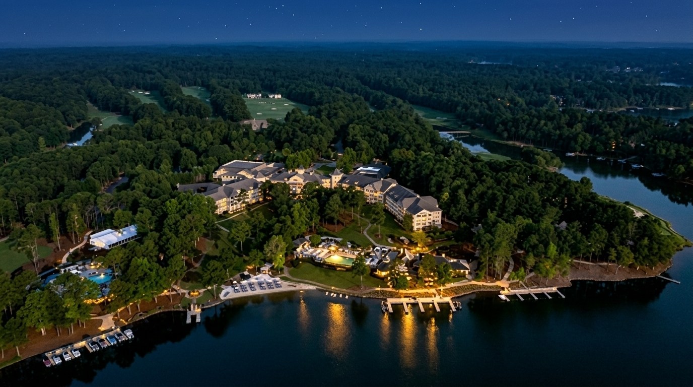Aerial night view of lakeside resort with pools, a luxury pick for Romantic Getaways in Georgia
