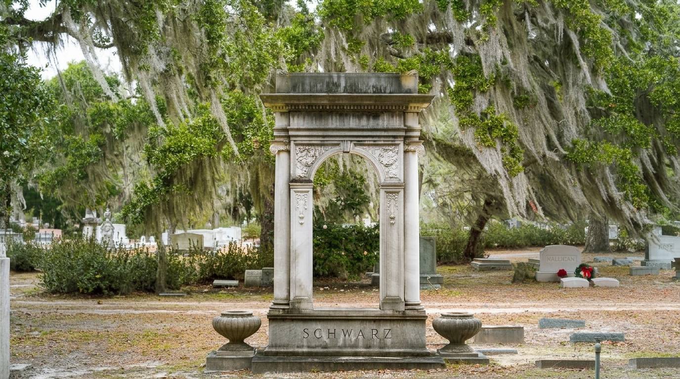 Schwarz family stone arch monument at Bonaventure Cemetery, surrounded by oak trees with hanging moss.