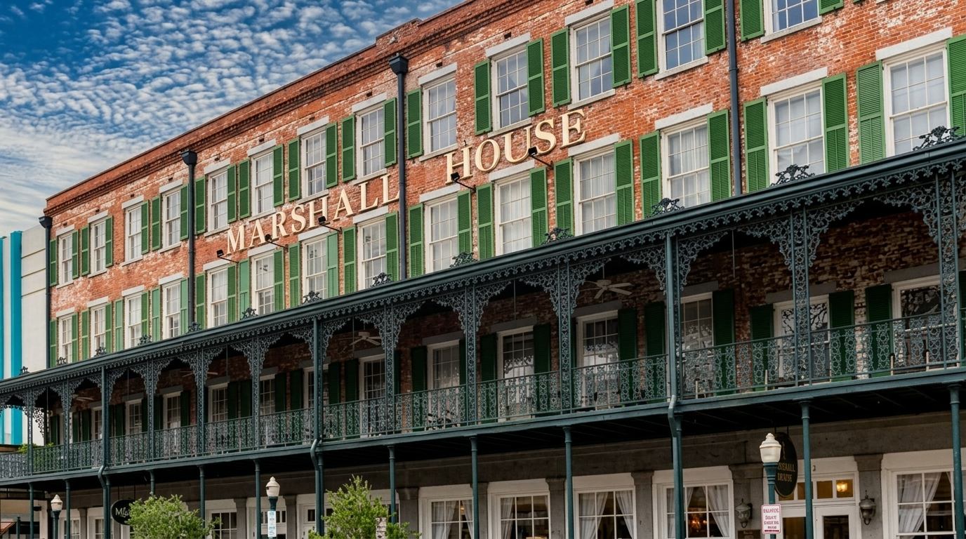 Marshall House hotel in Savannah, red brick with green shutters and iron balconies under a blue sky.